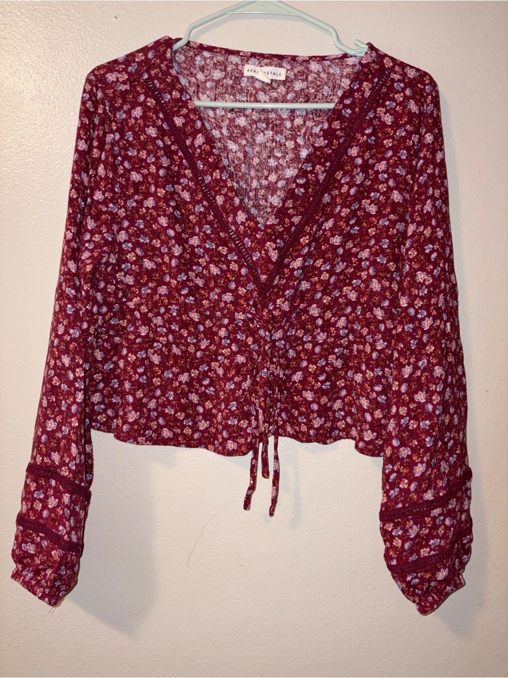 Aeropostale Burgundy Floral V-Neck Drawstring Blouse